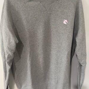 MAISON KITSUNÉ Grey Crewneck Sweatshirt with Pink Fox Patch